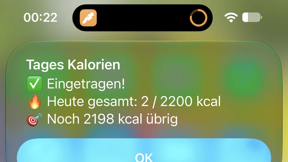 Screenshot des Kurzbefehls: Tageskalorien eingetragen, mit Fortschritt in Apple Health