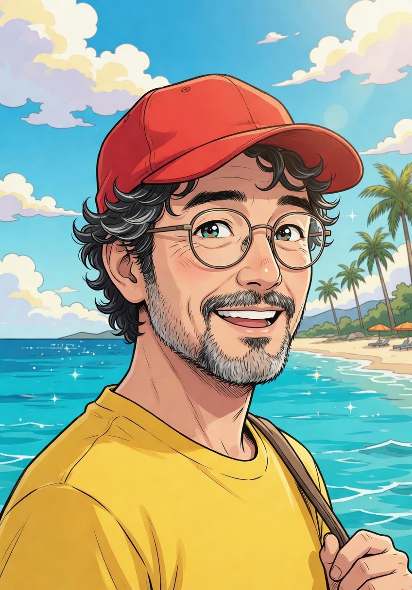 Illustration einer Person mit roter Kappe, runder Brille und gelbem Shirt am Strand. Kein Foto.