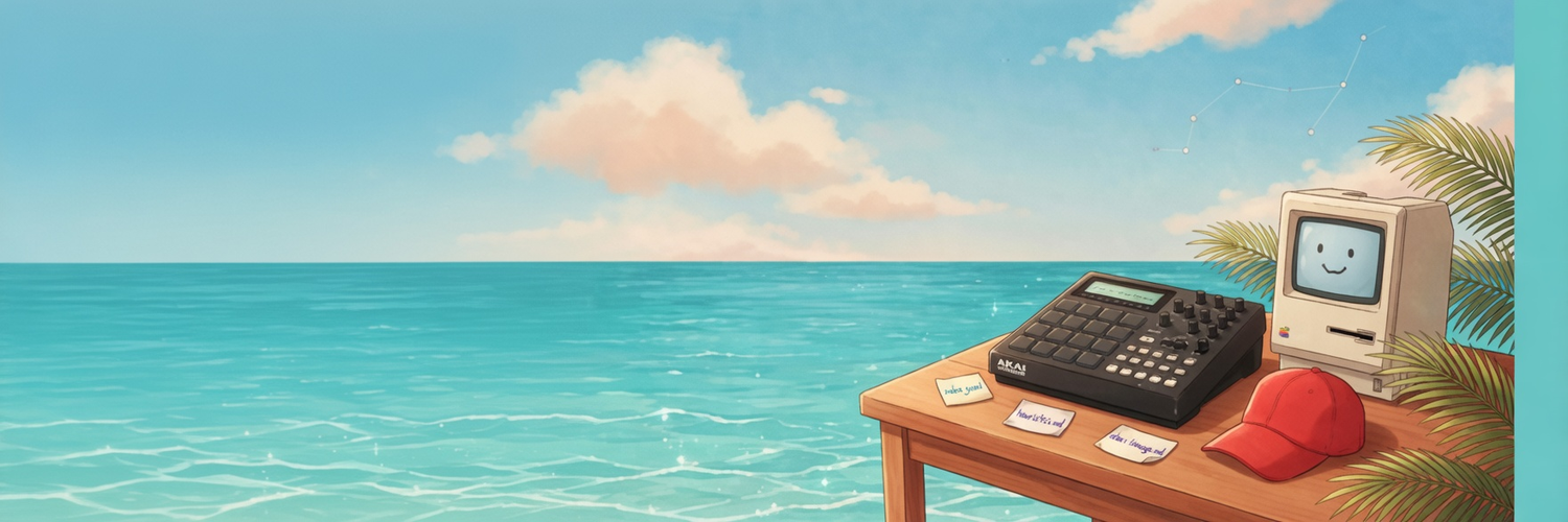 Illustration: Strand, Holztisch mit Akai MPC, klassischem Macintosh und roter Kappe. Kein Foto.